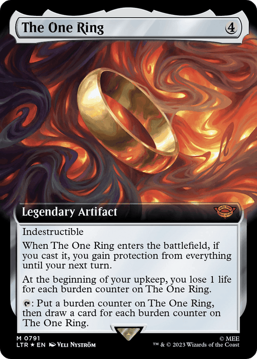 A Magic: The Gathering card titled "The One Ring (Extended Art) (Surge Foil) [The Lord of the Rings: Tales of Middle-Earth]." The card features vivid artwork of a glowing golden ring hovering above a swirling background of fire and darkness, reminiscent of Middle-Earth. It is a Legendary Artifact with the abilities listed in a text box beneath the illustration.
