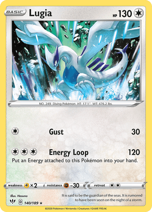 A rare Pokémon trading card from the Sword & Shield: Darkness Ablaze set, featuring Lugia (140/189) [Sword & Shield: Darkness Ablaze] by Pokémon. This powerful bird-like creature has wings spread wide and glows with blue energy against an icy backdrop. The card shows stats like HP 130, Gust for 30 damage, and Energy Loop for 120 damage alongside other attributes.
