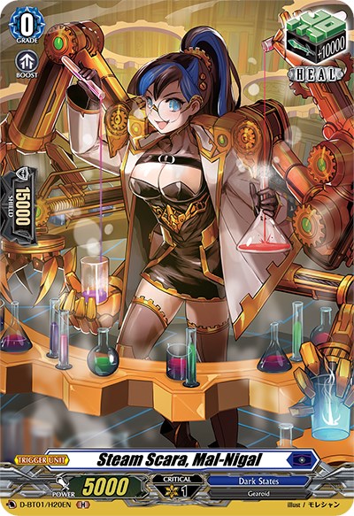 A vivid image of the "Vanguard" trading card "Steam Scara, Mal-Nigal (D-BT01/H20EN) [Genesis of the Five Greats]" from Bushiroad. This Holo card showcases a Gearoid scientist with blue hair and glasses, donning a lab coat, amidst an array of vibrant chemical beakers and futuristic machinery. Classified as a Grade 0 Heal Trigger Unit with 5000 Power.