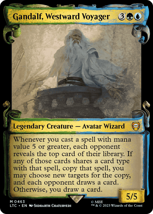 A Magic: The Gathering card titled "Gandalf, Westward Voyager [The Lord of the Rings: Tales of Middle-Earth Commander Showcase Scrolls]." It depicts an elderly, bearded wizard on a ship's deck, pointedly looking forward. His staff emits a magical light. The ornate border evokes the world of *The Lord of the Rings*. Stats: 3WU mana cost, 5/5 power/toughness, with intricate card text detailing abilities.