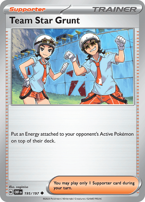A Pokémon card featuring "Team Star Grunt (195/197) [Scarlet & Violet: Obsidian Flames]" from the Pokémon brand. This Supporter card depicts two characters in matching uniforms, helmets, sunglasses, and poses, standing before a graffiti-covered wall. The card includes game mechanics instructions and the illustration is by nagimiso.
