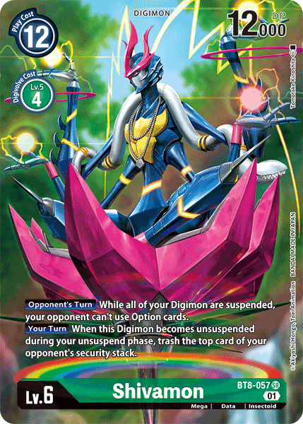 A Digimon trading card featuring Shivamon [BT8-057] (Alternate Art) from the New Awakening series, an insectoid level 6 with 12,000 DP. This Super Rare card shows Shivamon standing atop a vibrant, multi-petaled flower, holding a sword in one hand. The colorful background has a dynamic design and includes game details, stats, the Digimon logo, and code BT8-057 SR.