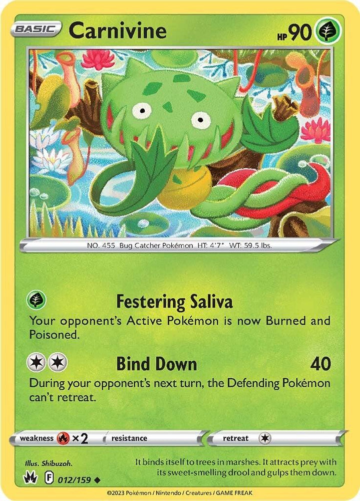 A Pokémon Carnivine (012/159) [Sword & Shield: Crown Zenith] card. It's green with tentacle-like vines, big eyes, and sharp teeth. The Grass-type card has 90 HP and two attacks: Festering Saliva, which burns and poisons, and Bind Down, which deals 40 damage and prevents retreating. Text and illustrations adorn the card.