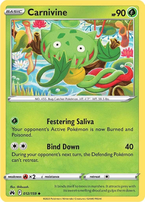 A Pokémon Carnivine (012/159) [Sword & Shield: Crown Zenith] card. It's green with tentacle-like vines, big eyes, and sharp teeth. The Grass-type card has 90 HP and two attacks: Festering Saliva, which burns and poisons, and Bind Down, which deals 40 damage and prevents retreating. Text and illustrations adorn the card.