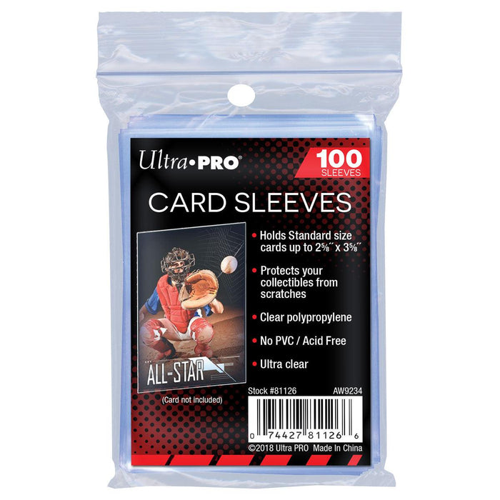 The image shows a package of Ultra PRO: Soft Card Sleeves - 2-1/2" X 3-1/2" (Penny Sleeves), containing 100 clear polypropylene sleeves. The packaging states the non-PVC sleeves are acid-free, archival safe, and ultra-clear, fitting standard-sized cards up to 2 5/8" x 3 5/8". A sports-themed illustration and "All-Star" text are also visible.