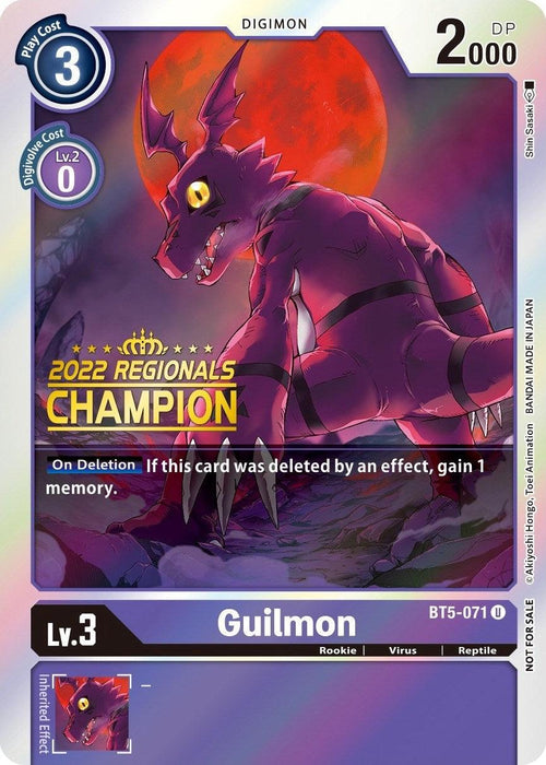 A Digimon trading card features a creature named Guilmon. The card has a "2022 Championship Offline Regional" badge. Guilmon, depicted as a purple, bipedal Rookie dinosaur with red accents, stands on a rocky outcrop under a red moon. It is a Level 3 Digimon with 2000 power and the set number BT5-071 from the Battle of Omni Promos.