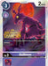 A Digimon trading card features a creature named Guilmon. The card has a "2022 Championship Offline Regional" badge. Guilmon, depicted as a purple, bipedal Rookie dinosaur with red accents, stands on a rocky outcrop under a red moon. It is a Level 3 Digimon with 2000 power and the set number BT5-071 from the Battle of Omni Promos.