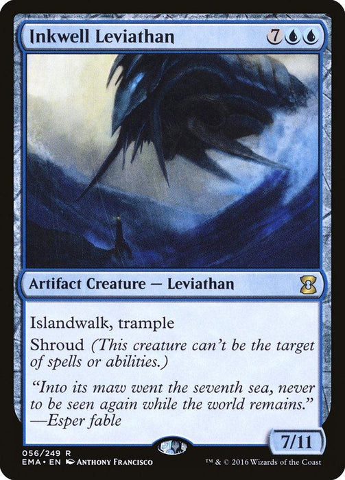 A Magic: The Gathering product, Inkwell Leviathan [Eternal Masters], titled "Inkwell Leviathan," depicts a dark, menacing artifact creature with blue and black hues swimming underwater. The card details include Islandwalk, trample, and shroud. It costs 7UU, has power/toughness 7/11, and features the flavor text: "Into its maw went the seventh sea.