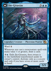 A Magic: The Gathering card titled "Jin-Gitaxias // The Great Synthesis [March of the Machine]" with a mana cost of 3 blue and 2 generic mana. The card art showcases a frightening Legendary Creature with multiple limbs and a metallic appearance. The text describes its abilities, including Ward 2 and drawing cards for casting noncreature spells.