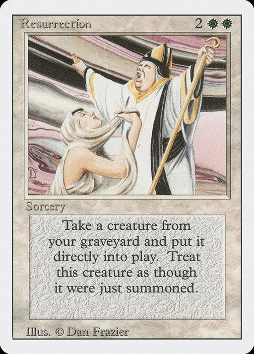 A Magic: The Gathering card from the Revised Edition named "Resurrection [Revised Edition]" depicts a white-robed figure being revived by a priest in ornate robes with a mitre and staff. The Sorcery text reads, "Return target creature from your graveyard to the battlefield. Treat this creature as though it were just summoned." It costs 2 colorless mana and 2 white mana to cast, illustrated.