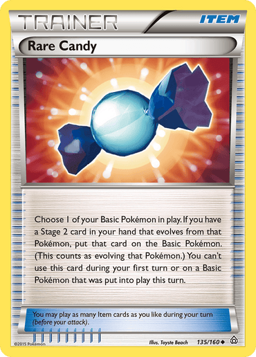 A Pokémon trading card titled "Rare Candy (135/160) [XY: Primal Clash]" from the Pokémon series. The card features a glowing, blue candy-shaped item with white and dark blue twisted ends on a vibrant background. Text explains that this uncommon item allows a player to evolve a Basic Pokémon immediately. Illustrated by Toyste Beach.