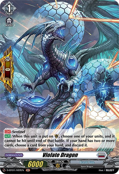 Introducing the Violate Dragon (D-BT01/H22EN) trading card from Bushiroad's Genesis of the Five Greats series. This card features a menacing, holo-armored dragon adorned with glowing blue accents and scales. The background captures a futuristic, cybernetic ambiance, perfectly complementing its Power: 6000 and Critical: 1 stats. Detailed abilities and traits are conveniently listed in a text box at the bottom of the card.