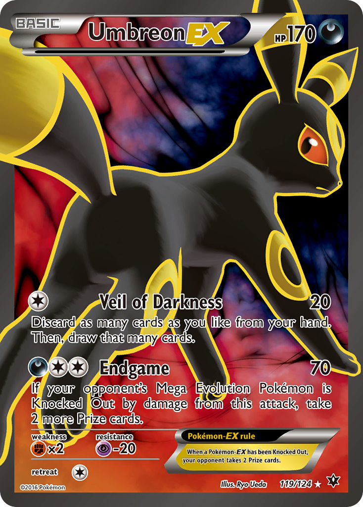 This Ultra Rare Pokémon trading card presents the enigmatic Umbreon EX from the Fates Collide series, boasting 170 HP. Featuring Umbreon's distinctive dark color with yellow rings, it is equipped with 