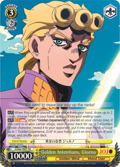The image is of a trading card from the Bushiroad Trial Deck featuring "Golden Intentions, Giorno (JJ/S66-TE07 TD) [JoJo's Bizarre Adventure: Golden Wind]." The character has blond hair styled with three distinctive curls. Below the image, text boxes describe the card's abilities and stats in both English and Japanese, with a power rating of 10000.