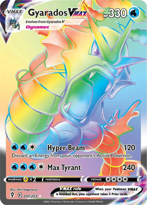 A Pokémon Gyarados VMAX (207/203) [Sword & Shield: Evolving Skies] trading card. This Secret Rare card boasts colorful, holographic art of Gyarados in a dynamic pose. With 330 HP, its attacks include "Hyper Beam" (120 damage) and "Max Tyrant" (240 damage). The card is numbered 207/203.