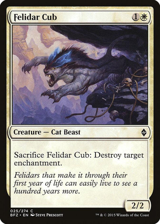 Felidar Cub [Battle for Zendikar], a Creature Cat Beast from Magic: The Gathering, features an illustration of a fierce, lion-like creature with large fangs and a thick mane prowling on rocks. Costing 1 white mana and 1 generic mana, this 2/2 card can destroy an enchantment by being sacrificed.