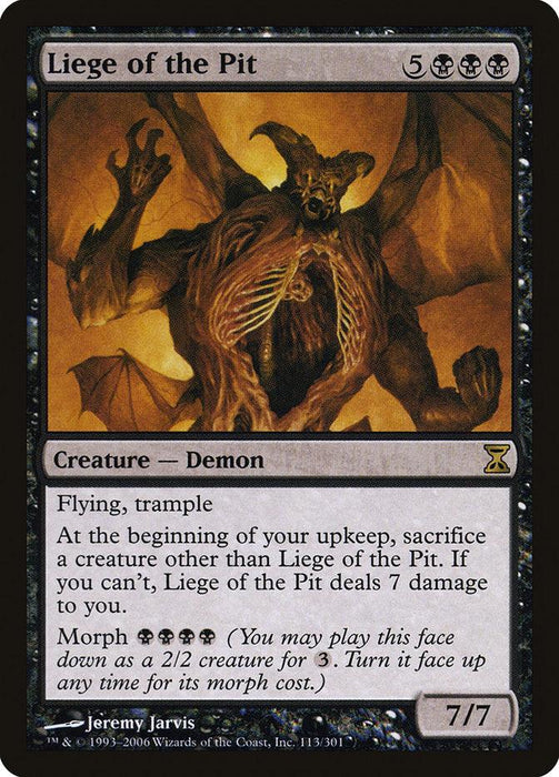A "Magic: The Gathering" trading card titled Liege of the Pit [Time Spiral], from the Magic: The Gathering set. It features a daunting, winged demon with four arms and a muscular physique against a dark, fiery backdrop. With flying, trample, upkeep condition, and Morph cost abilities, this Creature — Demon boasts a power/toughness of 7/7.