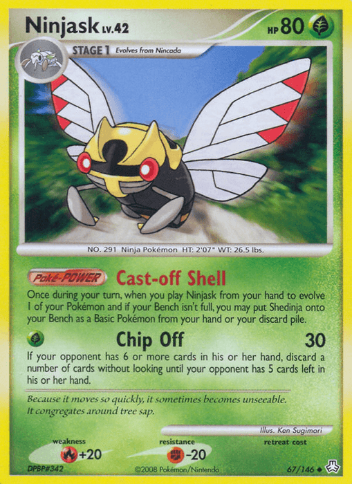 A Pokémon card featuring Ninjask (67/146) [Diamond & Pearl: Legends Awakened] from the *Legends Awakened* set. This Grass type creature has a yellow and black body, red eyes, and rapidly vibrating wings. With an Uncommon rarity, the card boasts 80 HP and two abilities: "Cast-off Shell" and "Chip Off." The green background highlights its details, including the artist's name.