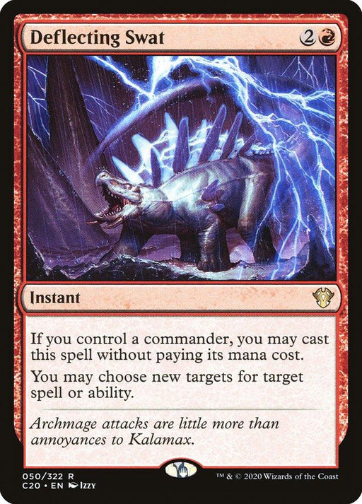 A Magic: The Gathering card named "Deflecting Swat [Commander 2020]" from Magic: The Gathering shows a dinosaur, likely a Stegosaurus, amidst lightning. This rare card is red-bordered with the mana cost of 2 colorless and 1 red. It's an Instant spell allowing you to change targets if you control a commander, bypassing the mana cost.