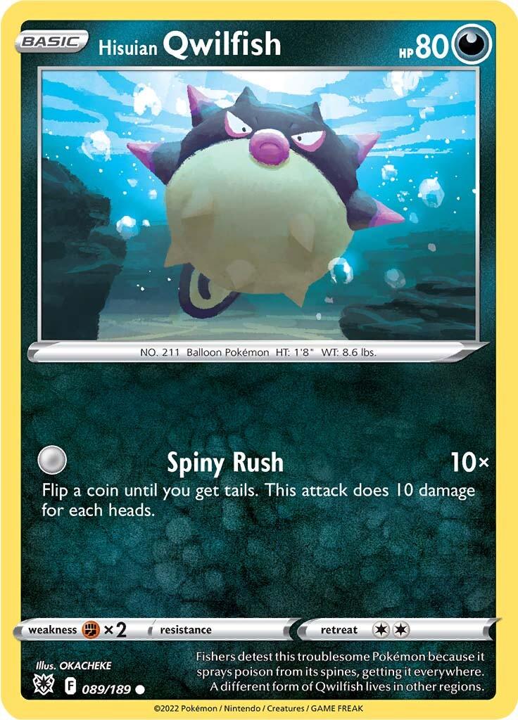 A Hisuian Qwilfish Pokémon card from the Sword & Shield: Astral Radiance collection features an 80 HP balloon Pokémon navigating dark waters. This common card, illustrated by OKACHEKE and numbered 089/189, showcases the Spiny Rush move, dealing 10x damage per coin flip resulting in tails. It has a weakness to Psychic types.