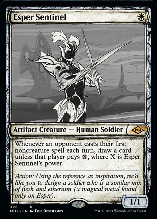 The image is of a Magic: The Gathering card from Modern Horizons 2 named "Esper Sentinel (Sketch) [Modern Horizons 2]." It depicts an armored, humanoid figure with a sword, standing in a dramatic pose against a dark background. The artifact creature has the ability to make opponents draw cards unless they pay extra mana and boasts power and toughness of 1/1.