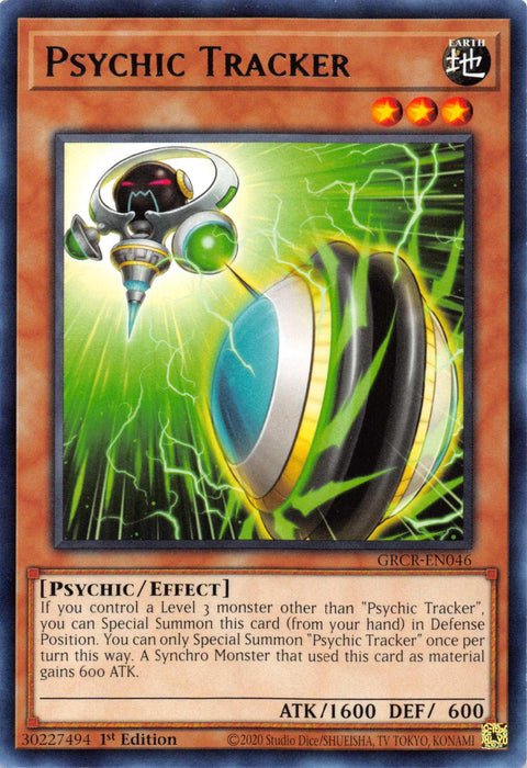 A card from the Yu-Gi-Oh! trading card game titled "Psychic Tracker [GRCR-EN046] Rare." It features an image of a floating, mechanical creature with a green orb and antenna. The card text describes its ability to Special Summon itself if the player controls a Level 3 monster other than "Psychic Tracker [GRCR-EN046] Rare." Attack is 1600, Defense is 600.