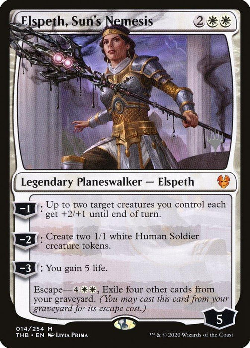 A Magic: The Gathering card titled "Elspeth, Sun's Nemesis (Promo Pack) [Theros Beyond Death Promos]" from Magic: The Gathering, with a casting cost of 2 and two white mana. This Mythic Rarity card features Legendary Planeswalker Elspeth, an armored female warrior holding a spear, boasting +2/+1 and 1/1 tokens, life-gain abilities, an "Escape…
