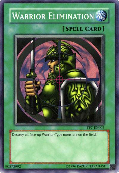 A Yu-Gi-Oh! trading card titled *Warrior Elimination [TP7-EN002] Super Rare*. The illustration shows a warrior in green armor with a sword, seen through a rifle scope's crosshairs. The card text reads, 