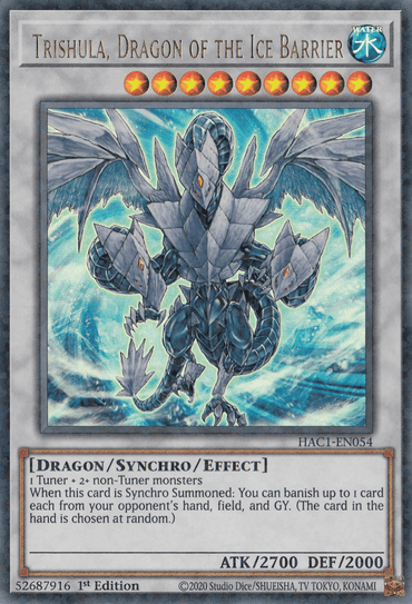 A Yu-Gi-Oh! card depicting Trishula, Dragon of the Ice Barrier (Duel Terminal) [HAC1-EN054] Parallel Rare, a Synchro/Effect Monster. This dragon has three heads with blue icy scales and sharp claws, standing in an icy scene. The card's border is white with stars and various details. It features stats: ATK/2700 DEF/2000 and is from Hidden Arsenal Chapter 1.