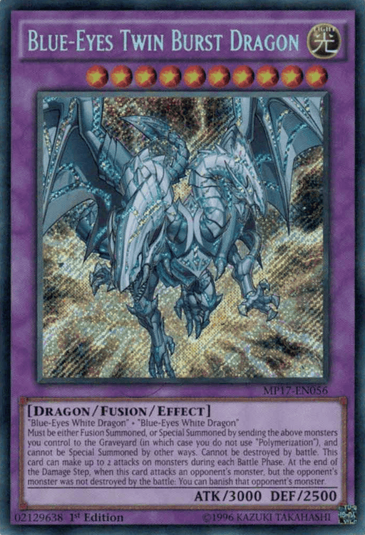 The image is of a Secret Rare Yu-Gi-Oh! trading card featuring Blue-Eyes Twin Burst Dragon [MP17-EN056]. The card has a purple border, and the artwork depicts a Fusion Monster dragon with two heads, glowing blue and white scales, and large wings. Card details include attributes and effects, with ATK/3000 and DEF/2500 stats.