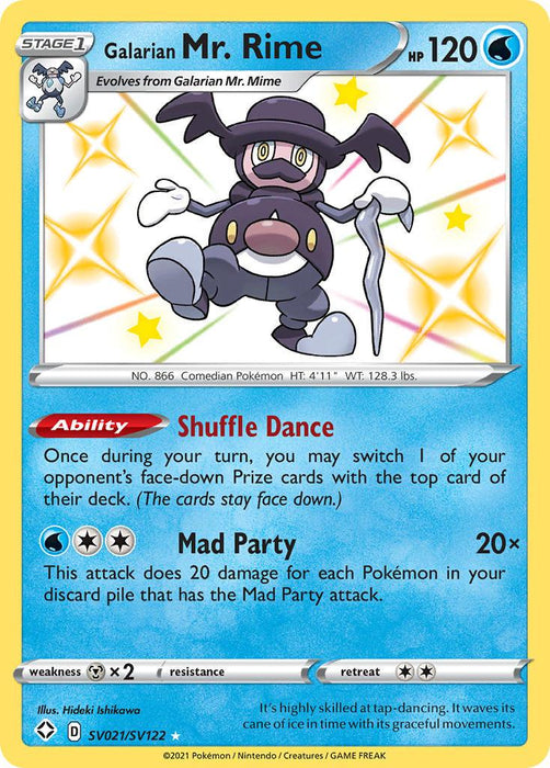 A Pokémon trading card featuring **Galarian Mr. Rime (SV021/SV122) [Sword & Shield: Shining Fates]**, a Stage 1 evolution of Galarian Mr. Mime from the Shining Fates set. The holographic, Ultra Rare card displays its HP (120) and two abilities: Shuffle Dance and Mad Party. The comical figure wears a hat, monocle, and holds a cane.
