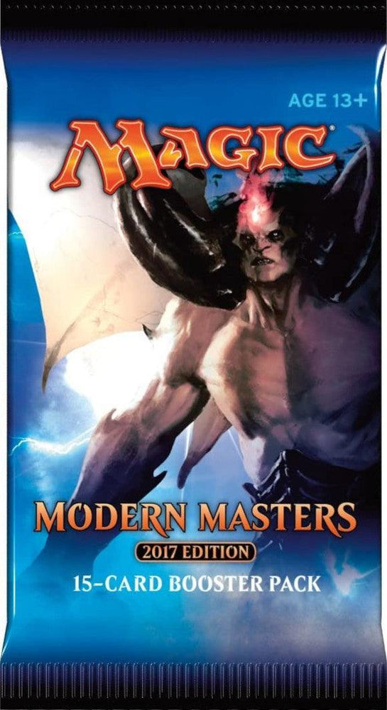 The "Modern Masters 2017 - Booster Pack" by Magic: The Gathering contains 15 cards. Its packaging features a fierce, muscular creature with large wings and glowing red eyes set against a blue and white backdrop. This product is suitable for ages 13 and up.