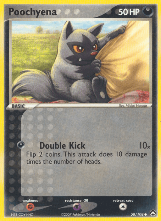 A common Pokémon trading card from the EX: Power Keepers series featuring Poochyena with 50 HP. The illustration shows a dark gray Poochyena with yellow eyes, resting against a haystack in a grassy field. It has two attack points: "Double Kick," which requires 2 coins flipped to determine damage. The card is named Poochyena (58/108) [EX: Power Keepers] by Pokémon.