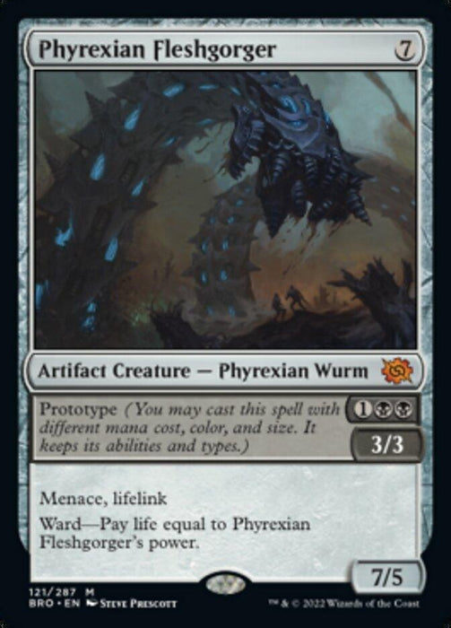 A Magic: The Gathering Mythic Artifact Creature titled "Phyrexian Fleshgorger [The Brothers' War]." It costs 7 mana and is a 7/5 Artifact Creature - Phyrexian Wurm. It has Prototype 1, a 3/3 creature. Abilities: Menace, lifelink, and Ward, requiring life payment equal to its power. Illustration shows a dark, menacing figure.