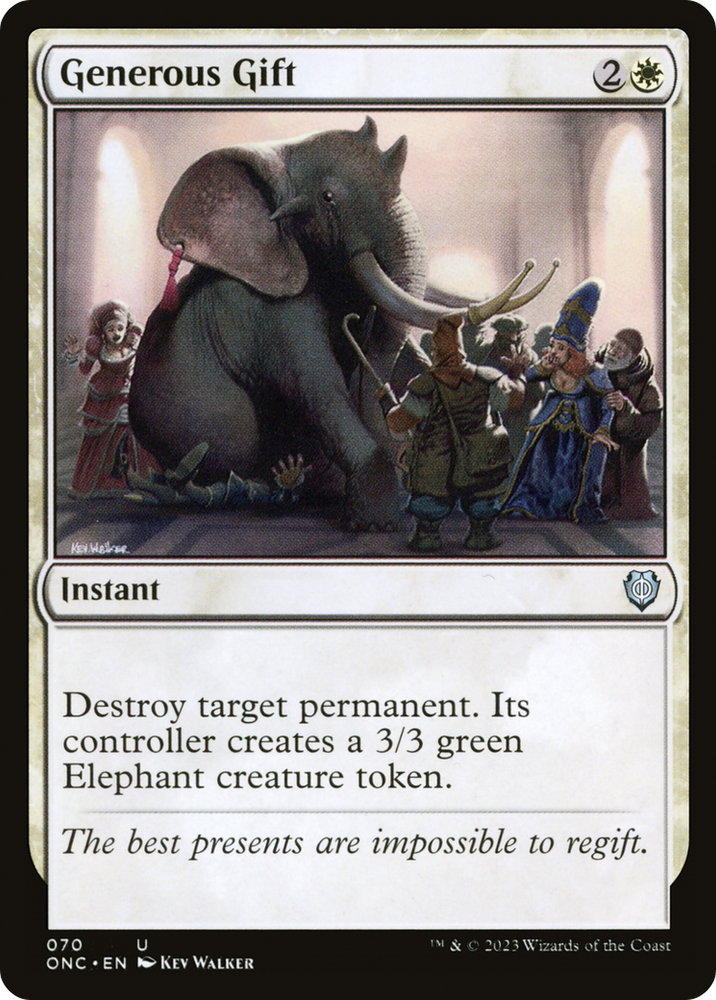 A Magic: The Gathering card titled "Generous Gift [Phyrexia: All Will Be One Commander]." This instant depicts a large green elephant in an elegant room, surrounded by several surprised and curious individuals. Text reads: “Destroy target permanent. Its controller creates a 3/3 green Elephant creature token.” Flavor text: “The best presents are impossible to regift.”