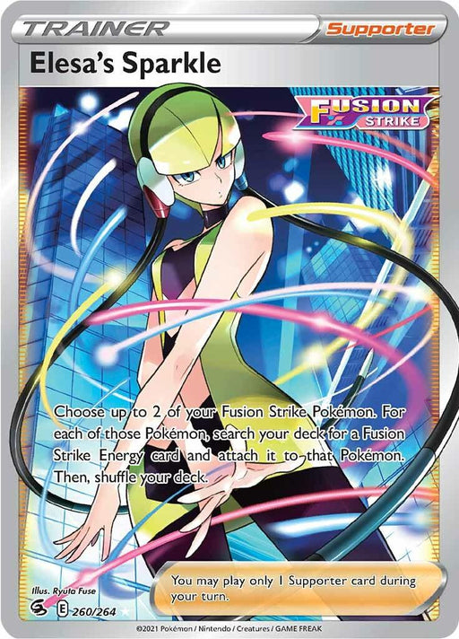A Pokémon trading card titled "Elesa's Sparkle (260/264) [Sword & Shield: Fusion Strike]" from the Pokémon brand features an illustration of Elesa, a sleek figure with green and yellow hair, wearing a form-fitting outfit. She extends a glowing arm amidst a vibrant, futuristic backdrop with blue tones. The card text details its function in the game.