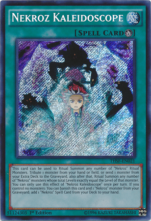 An image of the "Nekroz Kaleidoscope [THSF-EN021] Secret Rare" Spell Card from the Yu-Gi-Oh! trading card game. The card features a holographic design with a purple and blue kaleidoscopic background. Detailed text explains the Nekroz Ritual Summon effect for "Nekroz" Ritual Monsters, making it a crucial Nekroz Spell Card.
