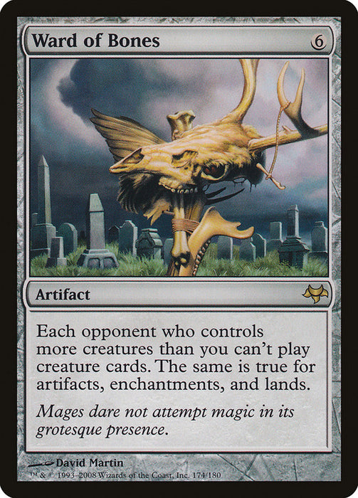 The image portrays a Magic: The Gathering card titled "Ward of Bones [Eventide]." This artifact, illustrated by David Martin, features a horned skeletal structure adorned with long ribbons holding bones, set against tombstones. The card's text restricts opponents' plays if they control more creatures, artifacts, enchantments, or lands than you.