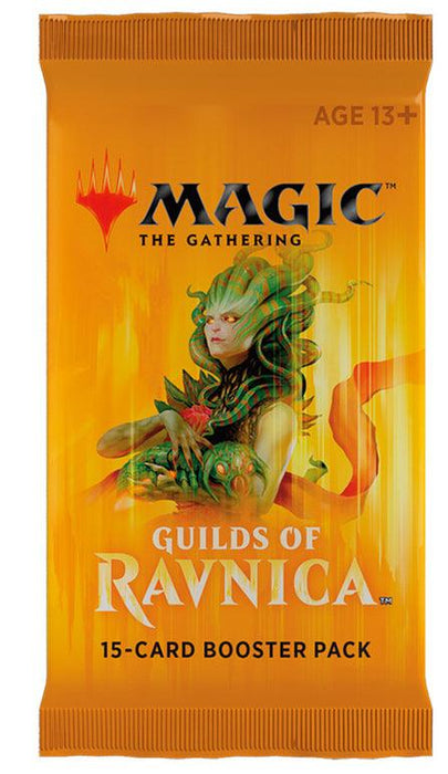 The image shows a "Guilds of Ravnica - Booster Pack" 15-card booster pack. The packaging features an orange background with detailed artwork of a fantasy creature with green skin and leafy hair, reminiscent of the Golgari Swarm. The pack is labeled "AGE 13+" and displays the Magic: The Gathering brand logo prominently at the top.