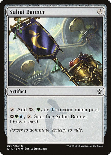 A card from Magic: The Gathering titled "Sultai Banner [Khans of Tarkir]" is an artifact that costs three mana. It adds black, green, or blue mana and allows you to draw a card. The artwork features a purple banner with a yellow emblem on a golden staff embellished with fruits and candles.