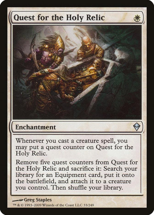 The image shows a "Quest for the Holy Relic [Zendikar]" Magic: The Gathering card. This enchantment card features art depicting a warrior holding a sword and shield, confronting a large, monstrous figure. The text explains game mechanics, allowing equipment search and attachment upon collecting quest counters.