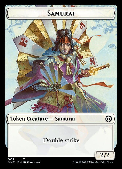 A detailed illustration depicts a samurai warrior holding a katana with both hands, surrounded by origami-style fans. The character has traditional armor and an intense expression. The card, part of Magic: The Gathering's "Rebel // Samurai Double-Sided Token [Phyrexia: All Will Be One Tokens]," features text "Token Creature – Samurai," "Double strike," and indicates power/toughness "2/2.