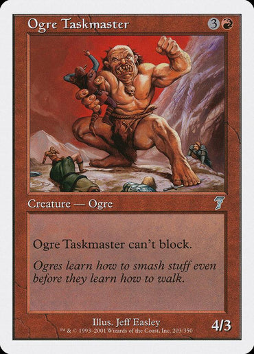 The Magic: The Gathering card, "Ogre Taskmaster [Seventh Edition]," features a muscular creature poised in a mountainous landscape with its rock fist ready for battle. Even though it boasts an impressive power/toughness of 4/3, its inability to block adds a humorous twist. A whimsical quote about ogres enriches the card's lore.