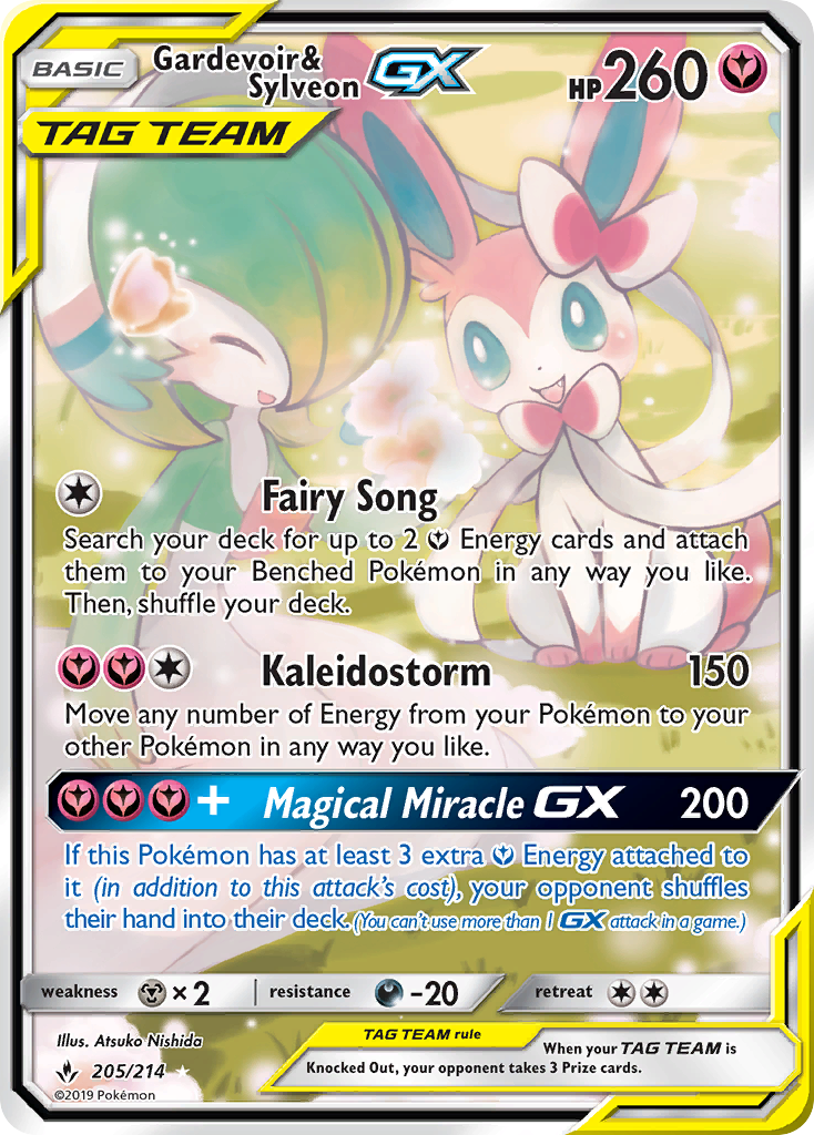 This Ultra Rare Pokémon card, named Gardevoir & Sylveon GX (205/214) from the Sun & Moon: Unbroken Bonds series, highlights Gardevoir and Sylveon in a stunning Tag Team design. As a Fairy-type card with 260 HP, it features moves like Fairy Song, Kaleidostorm, and Magical Miracle GX against vibrant backgrounds.