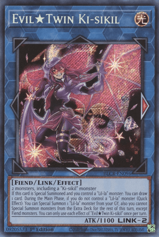 A Yu-Gi-Oh! trading card titled "Evil Twin Ki-sikil [BLCR-EN096] Secret Rare" from the Battles of Legend: Crystal Revenge set. It features an anime-style character in a dynamic pose, surrounded by swirling purple energy with star accents. This Secret Rare card has a blue frame, a Link Rating of 2, and an ATK of 1100.