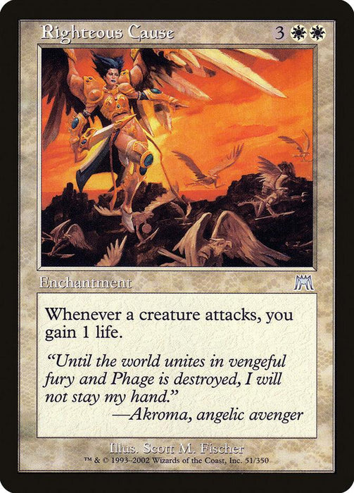 Magic: The Gathering card titled **Righteous Cause [Onslaught]** by **Magic: The Gathering**. This uncommon enchantment from the Onslaught set has a mana cost of three generic and two white. The illustration depicts an angelic figure wielding a sword amidst a battlefield. The card's ability gives the player 1 life whenever a creature attacks. Flavor text reads: "Until the world unites in vengeful fury and Phage is