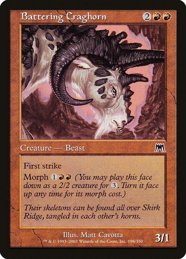 A Magic: The Gathering card titled "Battering Craghorn [Onslaught]" depicts an aggressive, horned creature with sharp teeth and a rocky hide in a reddish-brown landscape. This 3/1 beast costs 2 red and 2 generic mana, has morph for 1 red and 2 generic mana, and boasts a first strike ability.