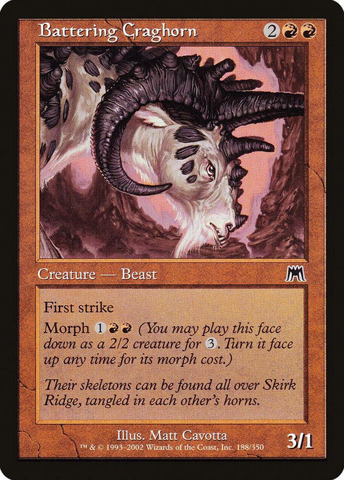 A Magic: The Gathering card titled "Battering Craghorn [Onslaught]" depicts an aggressive, horned creature with sharp teeth and a rocky hide in a reddish-brown landscape. This 3/1 beast costs 2 red and 2 generic mana, has morph for 1 red and 2 generic mana, and boasts a first strike ability.