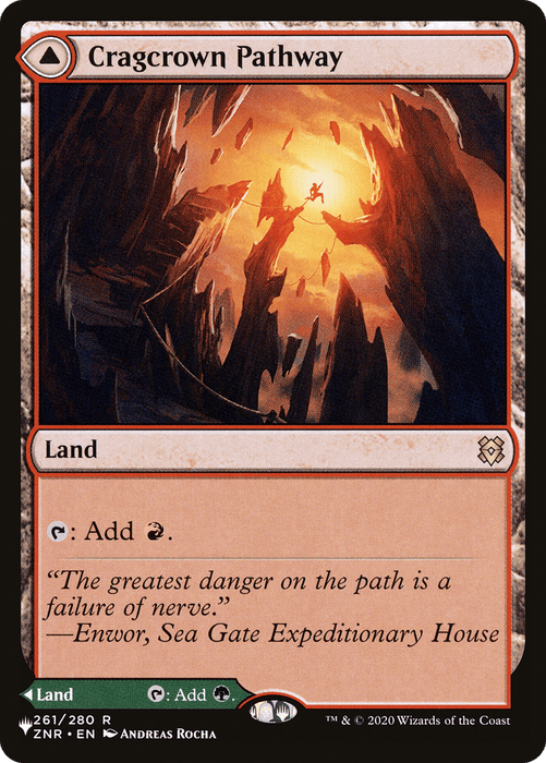 A Magic: The Gathering card titled “Cragcrown Pathway // Timbercrown Pathway [Secret Lair: From Cute to Brute].” This Rare card features a pathway through rocky, fiery terrain with a person standing in a narrow cavern illuminated by a glowing light. Symbols indicate the land can produce red mana. The flavor text warns about the danger of the path.