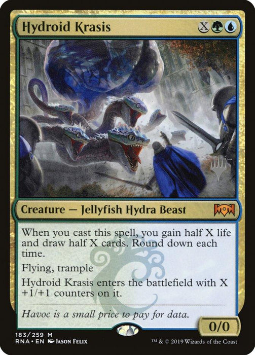 A Magic: The Gathering card titled "Hydroid Krasis (Promo Pack) [Ravnica Allegiance Promos]," part of the Ravnica Allegiance Promos, depicts a monstrous Mythic Jellyfish with multiple heads and tentacles in an underwater setting, looming over blue-robed figures. It features green, blue, and gold border elements and detailed text describing its in-game abilities.